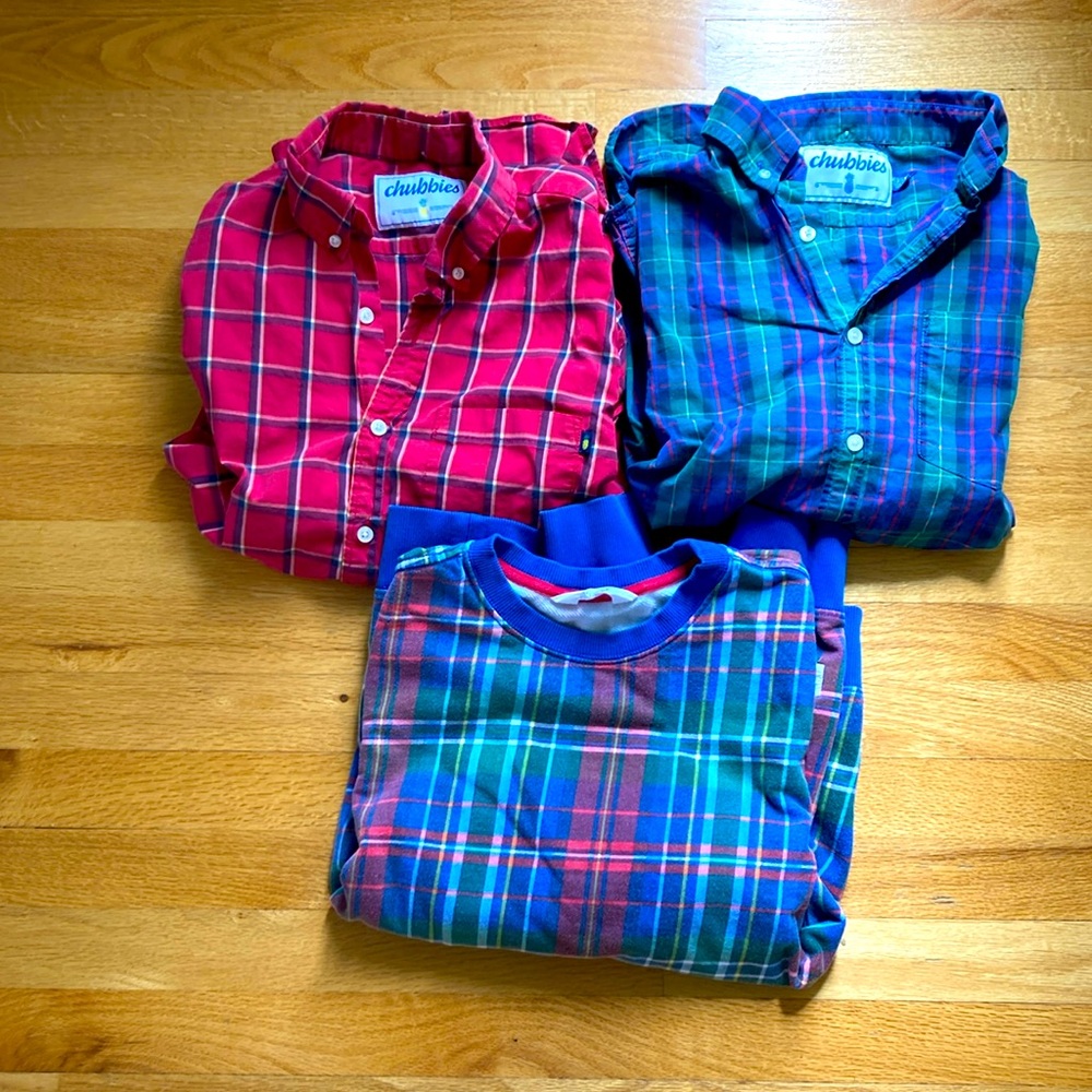 Lot of chubbies tops.  Two stretch button downs and on lounge sweatshirt